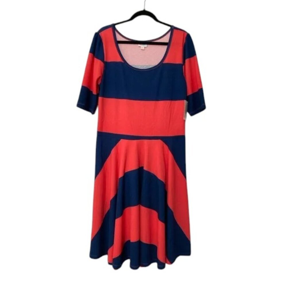 NEW w/flaws Lularoe Nicole Dress 3XL 3X 24 26 red-orange navy blue striped